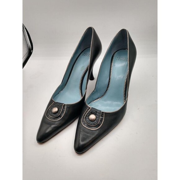 Audrey Brooke Womens Black Leather Heels Pointed Toe 7.5M With Button Detail - Picture 3 of 7